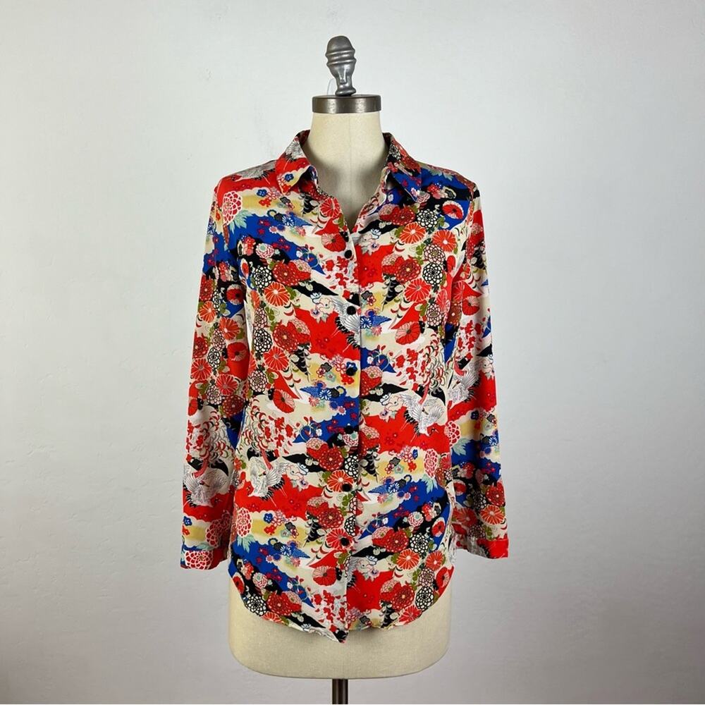 Carven Silk Crane Patterned Button Down Shirt